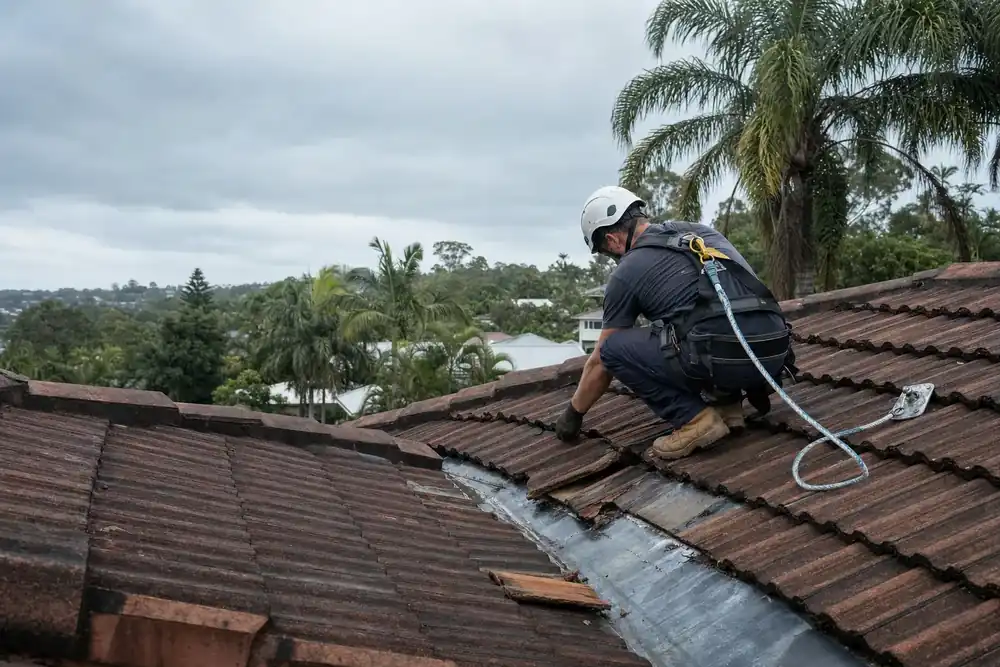 Illustrative roof repair scene with a safely harnessed technician on a tiled roof